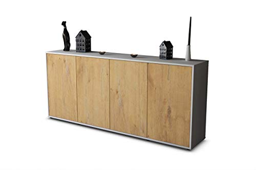 Stil.Zeit Sideboard Amadeus - Korpus Weiss matt - Front im Holz-Design Eiche (180x79x35cm) Push-to-Open Technik & Leichtlaufschienen