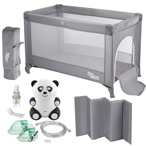 Maclean PR-803 Faltbares Babyreisebett + Inhaliergerät Set für Kinder und Erwachsene, Geeignet für Babys und Kleinkinder, 2x Räder, 125x65x74cm (Inkl. PR-812 Panda Inhalator, Grau)