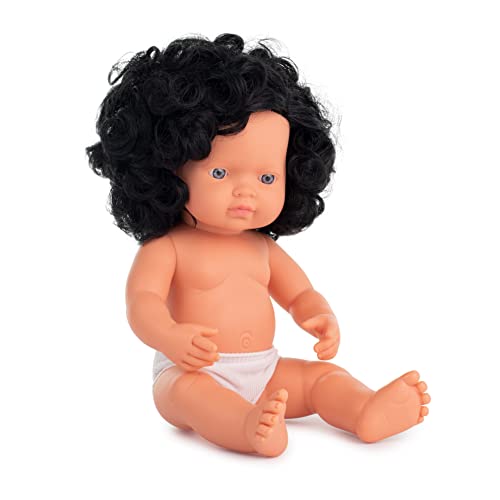 Miniland Dolls: europäische Babypuppe Mädchen mit schwarzen Locken, 38cm, aus weichem Vinyl, in transparenter Tüte. (31232)