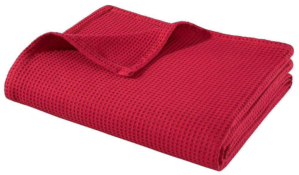 WOHNWOHL Tagesdecke 150 x 200 cm • Waffelpique leichte Sommerdecke aus 100% Baumwolle • Luftige Sofa-Decke vielseitig einsetzbar • Pflegeleichte Wohndecke • Baumwolldecke Farbe: Rot
