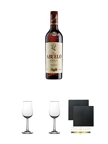 Abuelo Anejo Reserva Especial Rum Panama 0,7 Liter + 2 Bugatti Nosing Gläser mit Eichstrich 2cl und 4cl + 2 Schiefer Glasuntersetzer eckig ca. 9,5 cm Ø