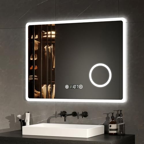 EMKE LED Badspiegel 90x70cm Badezimmerspiegel mit Beleuchtung kaltweiß Lichtspiegel Wandspiegel mit Touchschalter + beschlagfrei + Uhr IP44 energiesparend
