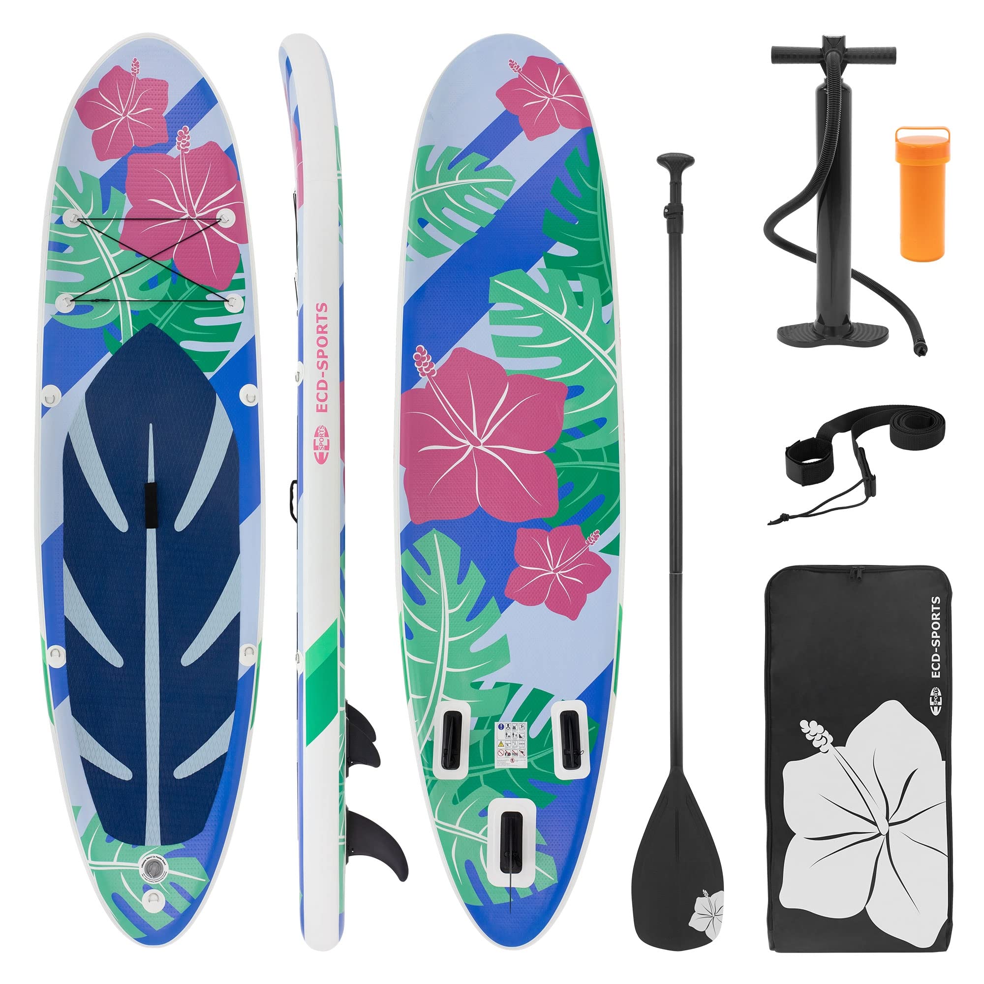 ECD Germany Aufblasbares Stand Up Paddle Board Flowers Blau-Weiß 320x80x15 cm, aus PVC, bis 120 kg, Komplettset Pumpe Tragetasche, SUP Board Paddling Board Paddelboard Surfboard, Verschiedene Modelle