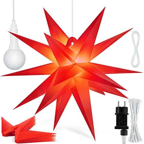 KESSER® 60cm Leuchtstern 3D, LED Weihnachtsstern mit Timer für innen und außen, Adventsstern Beleuchtet hängend Rot Stern + Warmweiß Licht