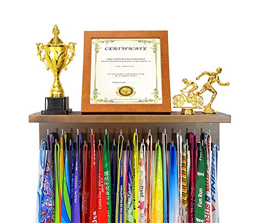 Medaillenaufhänger Trophäenregal Display Sport Awards.Perfektes All-in-1 Holzregal mit 25 Stück Stahlhaken.Stabile Medaillenhalter für Gymnastik, Basketball, Wandhalterung, einfach zu installieren