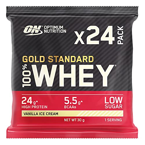 Optimum Nutrition ON Gold Standard Whey Protein Pulver, Eiweißpulver zum Muskelaufbau, natürlich enthaltene BCAA und Glutamin, Vanilla Ice Cream, 24er Pack, 24 x 30 g, Verpackung kann Variieren