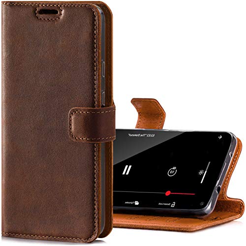 SURAZO RFID - Premium Vintage Ledertasche Schutzhülle Wallet Case aus Echtesleder Nubukleder Farbe Nussbraun für Samsung Galaxy S10 Plus