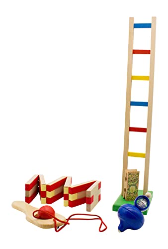 GICO Holzspielzeug Set 2 mit 4 klassischen Spielzeugen für Kinder aus Holz - Fangbrettchen, Zauberklapperschlange, Leitermännchen, Schnurkreisel - made in EU -