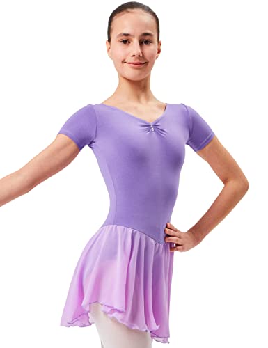 tanzmuster Kinder Kurzarm Ballettanzug Betty aus Baumwolle mit Glitzersteinen und Chiffon Röckchen in Lavendel, Größe:104/110
