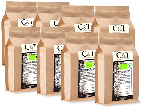 C&T Bio Espresso Crema | Cafe 8 x 1000 g ganze Bohnen Gastro-Sparpack im Kraftpapierbeutel Kaffee für Siebträger, Vollautomaten, Espressokocher