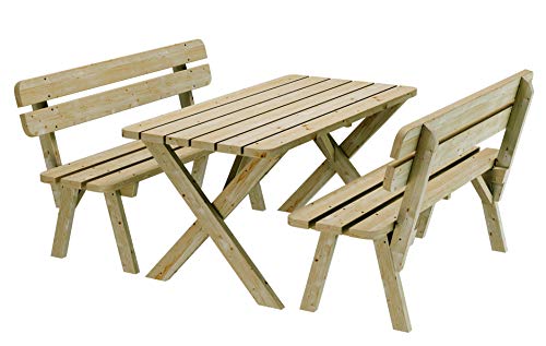 Platan Room Gartenmöbel aus Kiefernholz 120 cm / 150 cm / 180 cm breit Gartenbank Gartentisch Kiefer Holz massiv Imprägniert (Set 1 (Tisch + 2 Bänke), 150 cm)