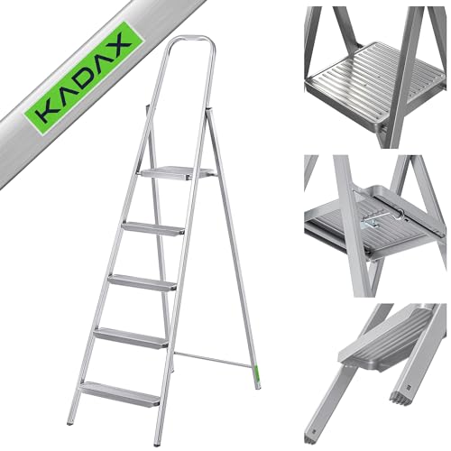 KADAX Einseitige Stahlleiter mit Antirutsch-Füßen, Stufenleiter, Leiter mit Ablage, Trittleiter, Klappleiter, Haushaltsleiter mit Breiten Stufen (5 Stufen)