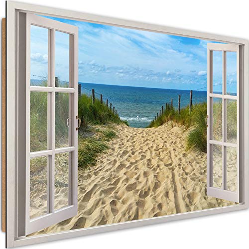 Deko Paneel Fenster 3D Illusion Bild Kunstdruck modern Strand mehrfarbig 90x60 cm