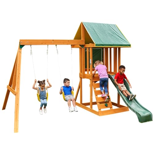 KidKraft Spielturm Appleton aus Holz für Kinder mit Rutsche, Schaukel, Kletterwand und Sandkasten, für den Garten