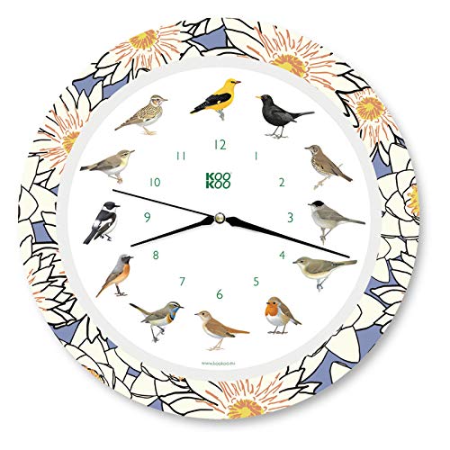 KOOKOO Singvögel Quarzwerk, Die Singende Vogeluhr, ist eine Uhr mit 12 heimischen Singvögeln und echten, natürlichen Vogelstimmen (Water Lily)