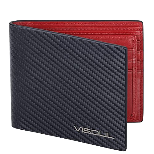 VISOUL Brieftasche aus Leder aus Carbonfaser mit RFID-Blockierung, Geldbörse aus echtem Leder mit 1 ID-Fenster, 2 Geldfächer und 14 Kreditkartenfächern, Schwarz + Rot, Klassisch