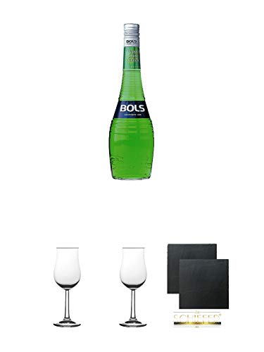 Bols Pfefferminz green Creme de Menthe Holland 0,7 Liter + 2 Bugatti Nosing Gläser mit Eichstrich 2cl und 4cl + 2 Schiefer Glasuntersetzer eckig ca. 9,5 cm Ø