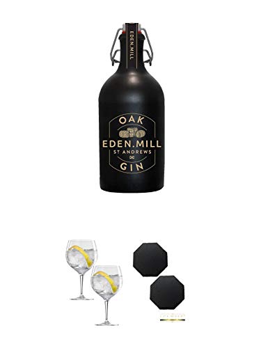Eden Mill OAK Gin Schottland 0,5 Liter + Spiegelau Gin & Tonic 4390179 2 Gläser + Schiefer Glasuntersetzer achteckig 2 x ca. 9,5 cm Durchmesser