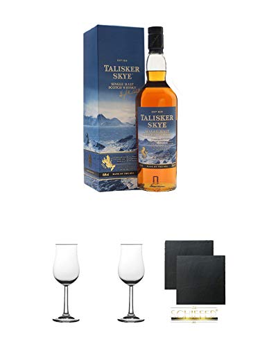 Talisker SKYE Single Malt Whisky 0,7 ltr. Nosing Gläser Kelchglas Bugatti mit Eichstrich 2cl und 4cl 2 Stück + Schiefer Glasuntersetzer eckig ca. 9,5 cm Ø 2 Stück