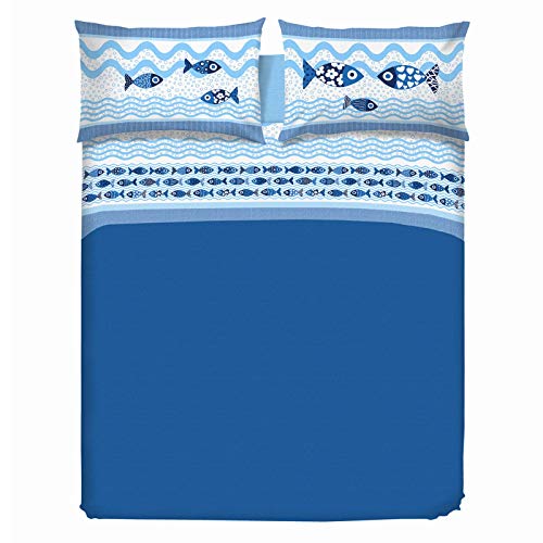PENSIERI DELICATI Bettwäsche-Set für Ehebett aus 100% Baumwolle, Bettwäsche für Doppelbett 180x200 inklusive Unterlaken, Oberlaken und 2 Kissenbezügen, Made in Italy, Blau Sea Life Muster