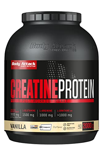 Body Attack Creatine Protein Pre & Post Workout Shake – Vanilla, 2kg - Made in Germany - 3g Creapure, Wheypep, 1,5g Glutamine, 1g Arginine, 1,5g Ornithine AKG pro Shake - glutenfrei