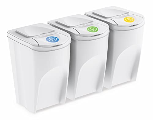 Sortibox Mülleimer mit Deckel 35 L - 3er Set / weiß - Stapelbares Müll Trennsystem - Abfall Sortierer Trenner Sytem Trennkörbe stapelbar mit Klappe