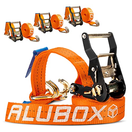 Alubox Spanngurt mit Ratsche und J-Haken 38mm breit orange Belastbarkeit 1000kg Ratschengurt TÜV G/S geprüft - Länge 4,6m - 4 Stück