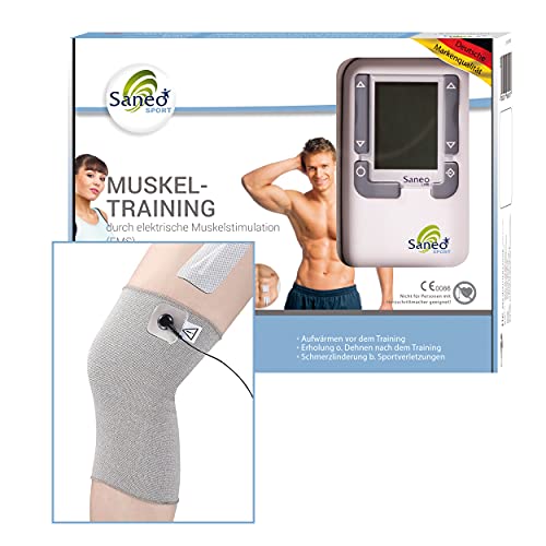 SaneoLINE Sport - SaneoSPORT + Knieelektrode, EMS & TENS Elektrostimulator z. Training z.B. der Bauchmuskel Bizeps Tripes Beine Knie Oberschenkel Arme