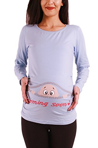 Coming Soon - Lustige witzige süße Umstandsmode Umstandsshirt Sweatshirt Schwangerschaftsshirt mit Motiv für die Schwangerschaft, Langarm (Babyblau, Medium)