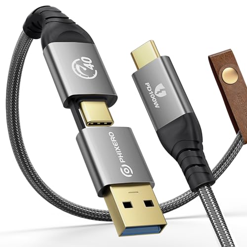 PHIXERO für Thunderbolt 4 Kabel 0.5M, 40Gbps Datentransfer/ 8 K@60 Hz Videoausgang/ 100W USB-C auf USB-C Ladekabel, 2 in 1 USB-A/C Kompatibel mit USB 4, Thunderbolt 3, MacBook, Docking, eGPU