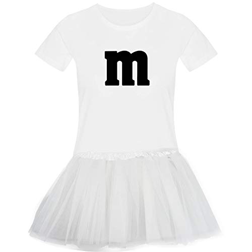 T-Shirt M&M + Tüllrock Karneval Gruppenkostüm Schokolinse 11 Farben Damen XS-3XL Fasching Verkleidung M's Fans Tanzgruppe, Größenauswahl:M, Farbauswahl:Weiss - Logo schwarz (+Tütü Weiss)