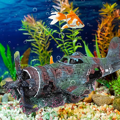Bigking Aquarium Bootsschiff, Harz Wrack Krieg Flugzeug Kämpfer beschädigt Kampfflugzeug Aquarium Aquarium Ornament Höhle Dekoration