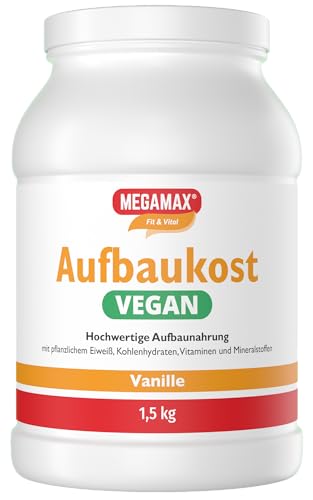 MEGAMAX Aufbaukost VEGAN Vanille 1.5 kg - Ideal zur Kräftigung und bei Untergewicht - Proteinpulver zur Zubereitung eines fettarmen Kohlenhydrat-Eiweiß-Getränkes für Muskelmasse u. Muskelaufbau