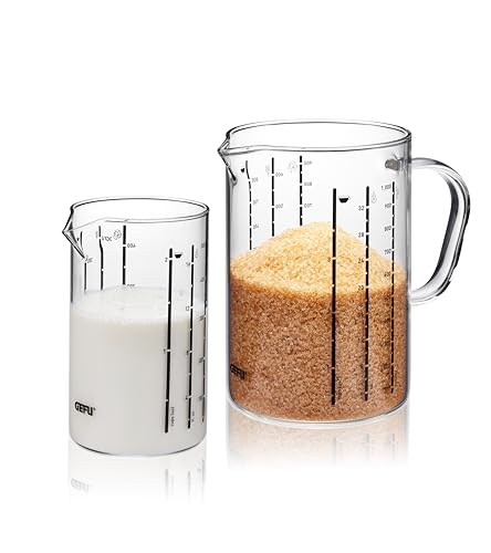 Gefu Messbecher-Set Meti, 2-teilig, für ml, ccm, fl. oz, cups (US), Zucker, Mehl, Reis - Füllvolumen: 1000 ml und 500 ml aus Borosilikatglas