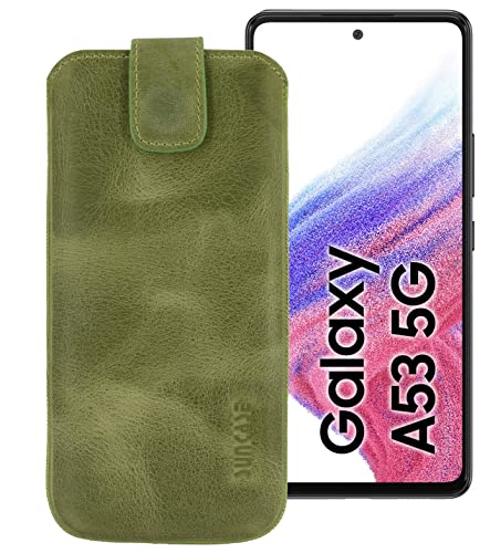 Suncase Echt Ledertasche kompatibel mit Samsung Galaxy A53 5G Tasche *Slim-Edition* Leder Etui (mit Rückzugsfunktion und Magnetverschluss) in antik Kiwi grün