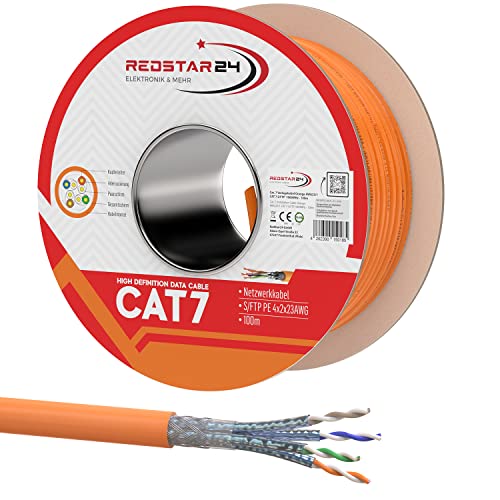 Redstar24 CAT 7 Verlegekabel 100m Netzwerkkabel Datenkabel LAN CAT7 Kabel Kupfer Installationskabel CAT.7 Gigabit S/FTP Kat.7 Halogenfrei PIMF POE 10Gbit Netzwerk Verkabelung Ethernet Simplex 100m