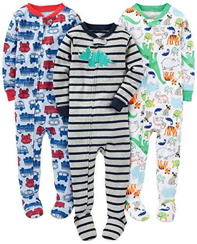Simple Joys by Carter's Baby Jungen Pyjamaset aus Baumwolle, mit Füßen, Anliegende Passform, 3er-Pack, Dinosaurier/Feuerwehrauto/Tier, 12 Monate