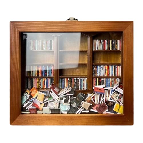 EACTEL Miniatur-Bücherregal, Bibliotheks-Bücherregal aus Holz, stressabbauende kleine Holzbibliothek für Buchliebhaber, kleine Bibliotheks-Miniatur-Bücherboxen, winzige Holzvitrine