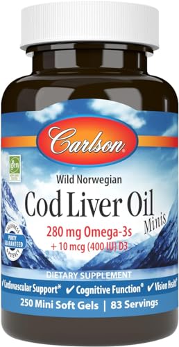 Carlson's Lebertran Minis, 280mg Omega-3s + Vitamine A & D3, Herzunterstützung & kognitive Funktion, Sehgesundheit, 250 Mini Soft Gels