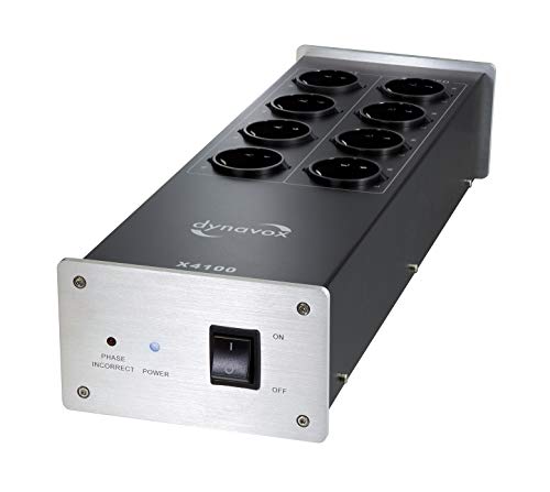 Dynavox HiFi-Netzfilter X4100S, Mehrfach-Steckdose mit 8 Steckplätzen, mit LED-Kontrollleuchte für korrekte Phasenlage, Silber