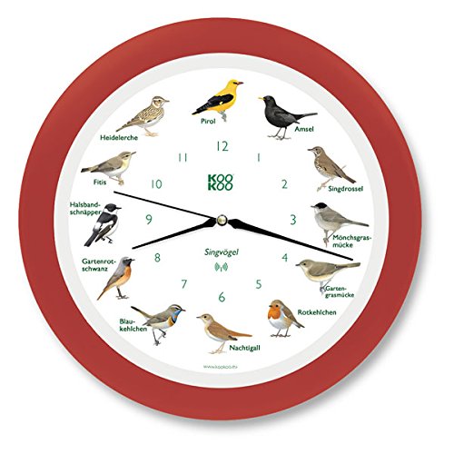 KOOKOO Singvögel Erdbeer-rot, Die Singende Vogeluhr, mit 12 heimischen Singvögeln und echten, natürlichen Vogelstimmen, mit RC Funkquarzwerk