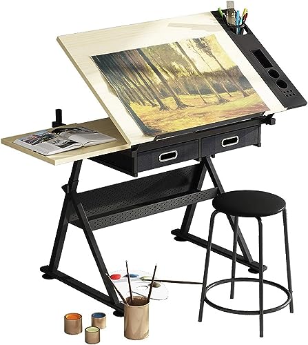 MaGiLL Zeichentisch, Zeichentisch aus Holz, höhenverstellbar, neigbare Tischplatte 0°–80°, Arbeitsplatz für Kunsthandwerk, mit 2 Schubladen