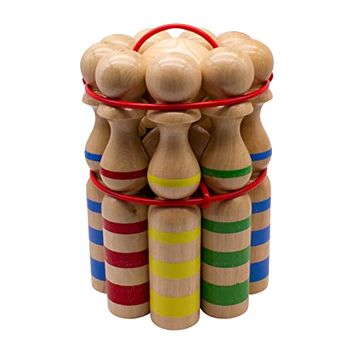 GICO Kegelspiel Kegel Set Bowling aus Holz groß für Kinder und Erwachsene - Massivholz 24 cm, gestreift - 3025