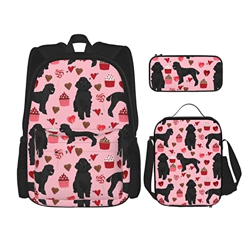 DOFFO Rucksack-Set mit pinken Pudeln, Reise-Laptop-Rucksack für Damen und Herren, lässige Büchertasche mit Lunch-Tasche, Federmäppchen, 3-teilig, Schwarz, Einheitsgröße, Schwarz , Einheitsgröße