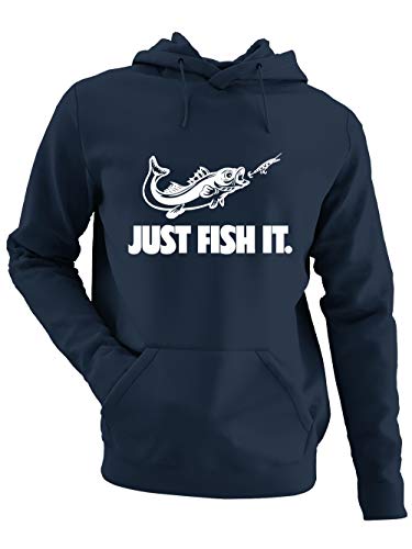 clothinx Herren Kapuzen-Pullover Angler Sprüche Just Fish it Navy/Weiß Größe XL