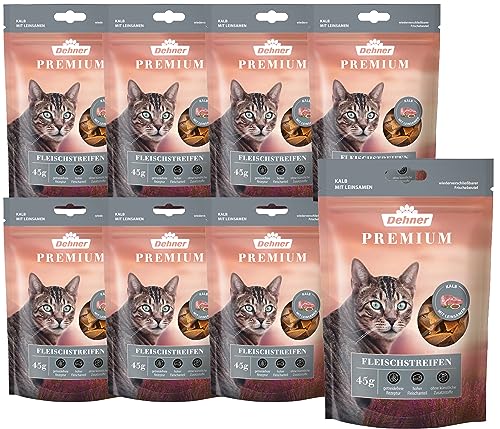 Dehner Premium Katzensnack, Kalbfleischstreifen, 8 x 45 g (360 g)