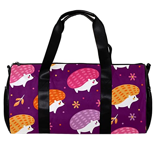 Runde Gym Sport Duffel Tasche mit abnehmbarem Schultergurt Niedlich Cartoon Igel Hintergrund Training Handtasche Übernachtung Tasche für Frauen und Männer, mehrfarbig, 45x23x23cm/17.7x9x9in