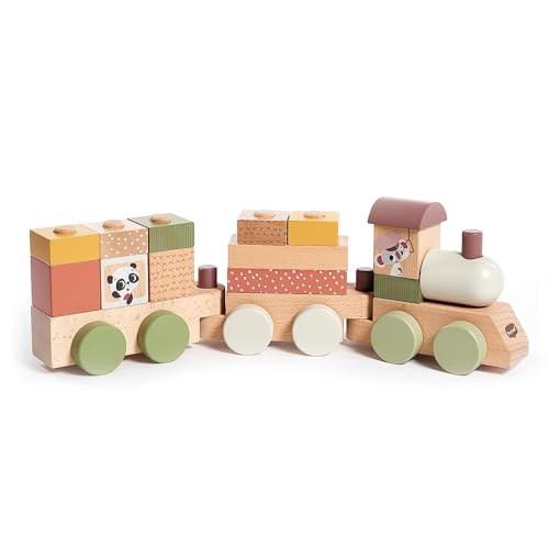Tiny Love Stapelzug aus Holz, Babyspielzeug Zug aus Holz, Holzformsortierer mit 3 Wagen und 14 stapelbaren Spielblöcken, Kreativität, Motorik, natürliches Design, 18+ Monate, Boho Chic