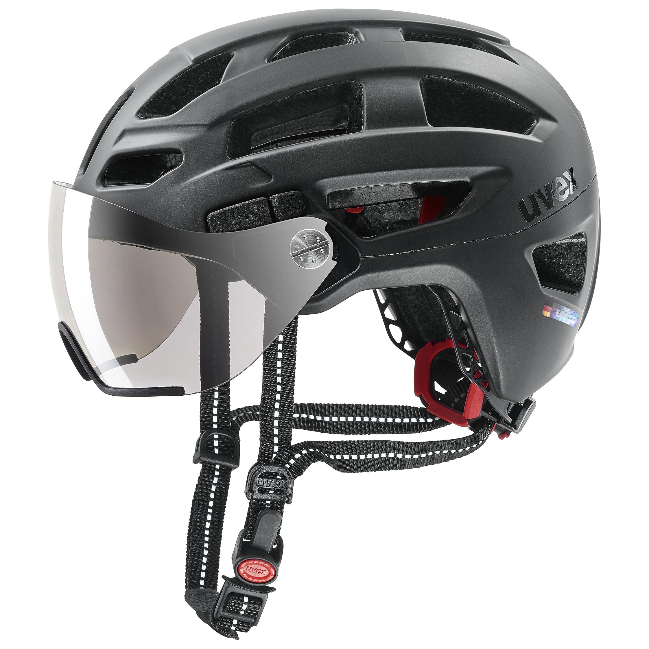 uvex finale visor - sicherer City-Helm für Damen und Herren - mit Visier - inkl. LED-Licht - black matt - 52-57 cm