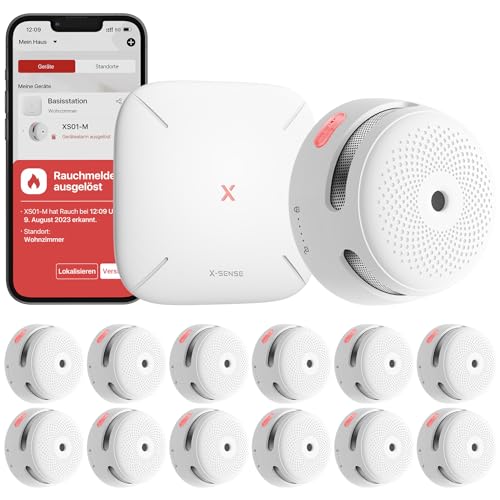 X-Sense XS01-M ProConnected Rauchmelder mit SBS50 Basisstation, TÜV-Zertifiziert, Funkrauchmelder-Heimsicherheitssystem, vernetzbarer Feuermelder, kompatibel mit X-Sense Home Security, 12 Stück